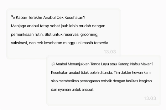 Reminder jadwal kontrol dan vaksinasi hewan terkirim otomatis ke pemilik lewat WhatsApp