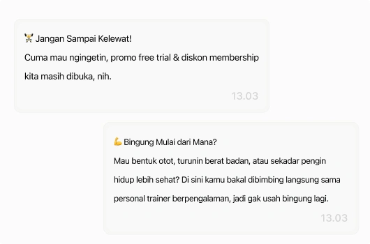 Reminder perpanjangan keanggotaan gym terkirim otomatis sebelum masa aktif habis