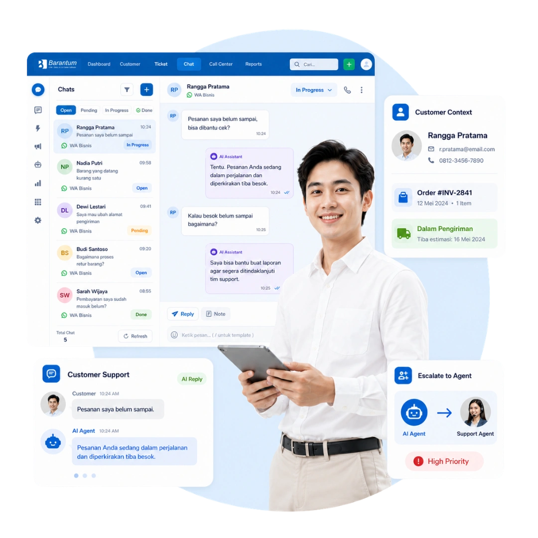 Tampilan AI agent customer support Barantum untuk troubleshooting dan tiket otomatis