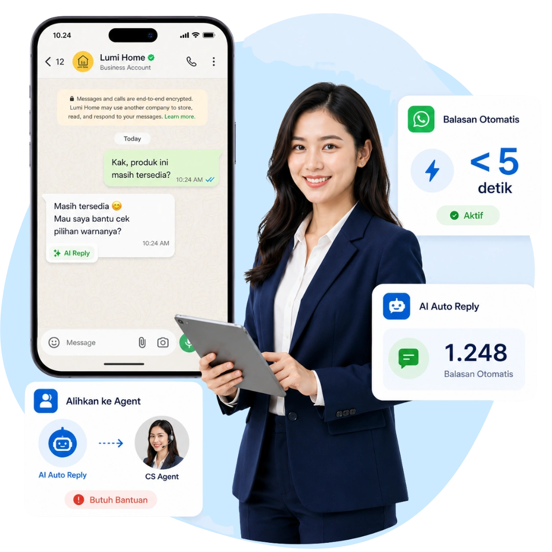 Tampilan AI auto-reply WhatsApp Barantum untuk membalas chat pelanggan secara otomatis