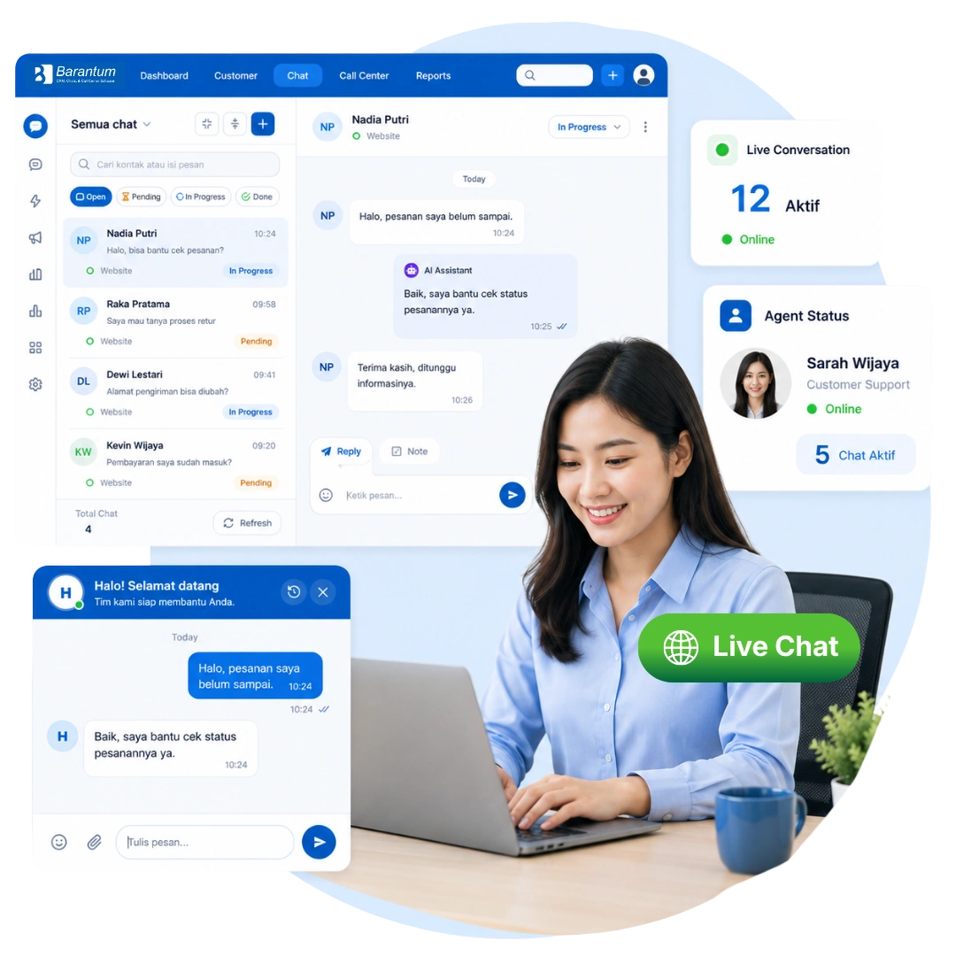 Barantum live chat software screen for serving customers on your website