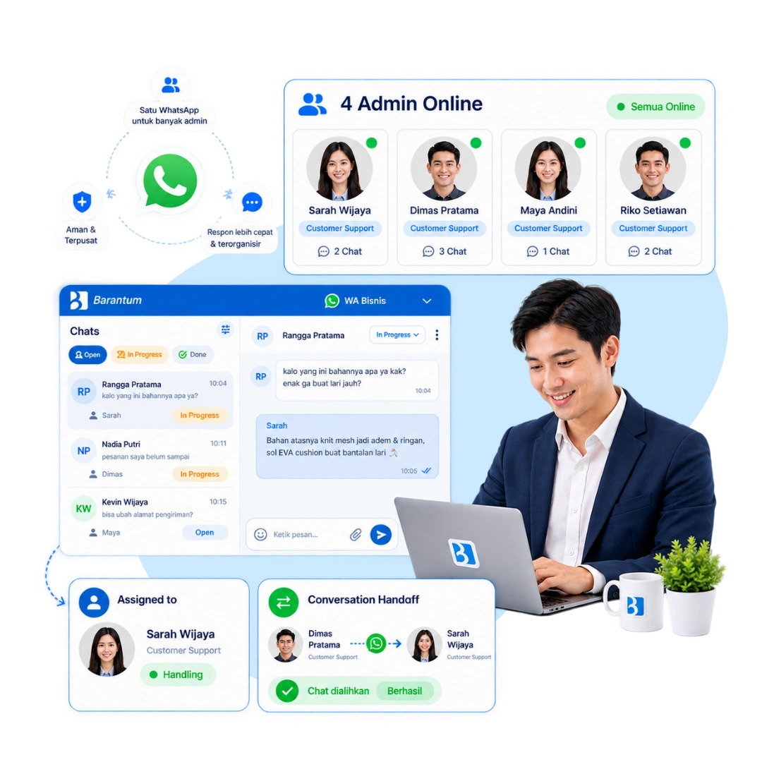 Barantum multi-admin WhatsApp screen for managing one number across a team