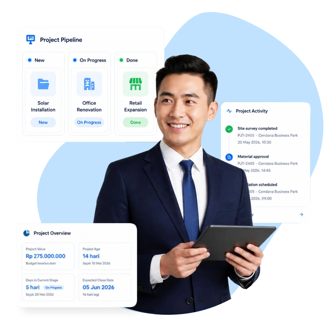 Tampilan project workspace Barantum yang terintegrasi dengan data pelanggan CRM