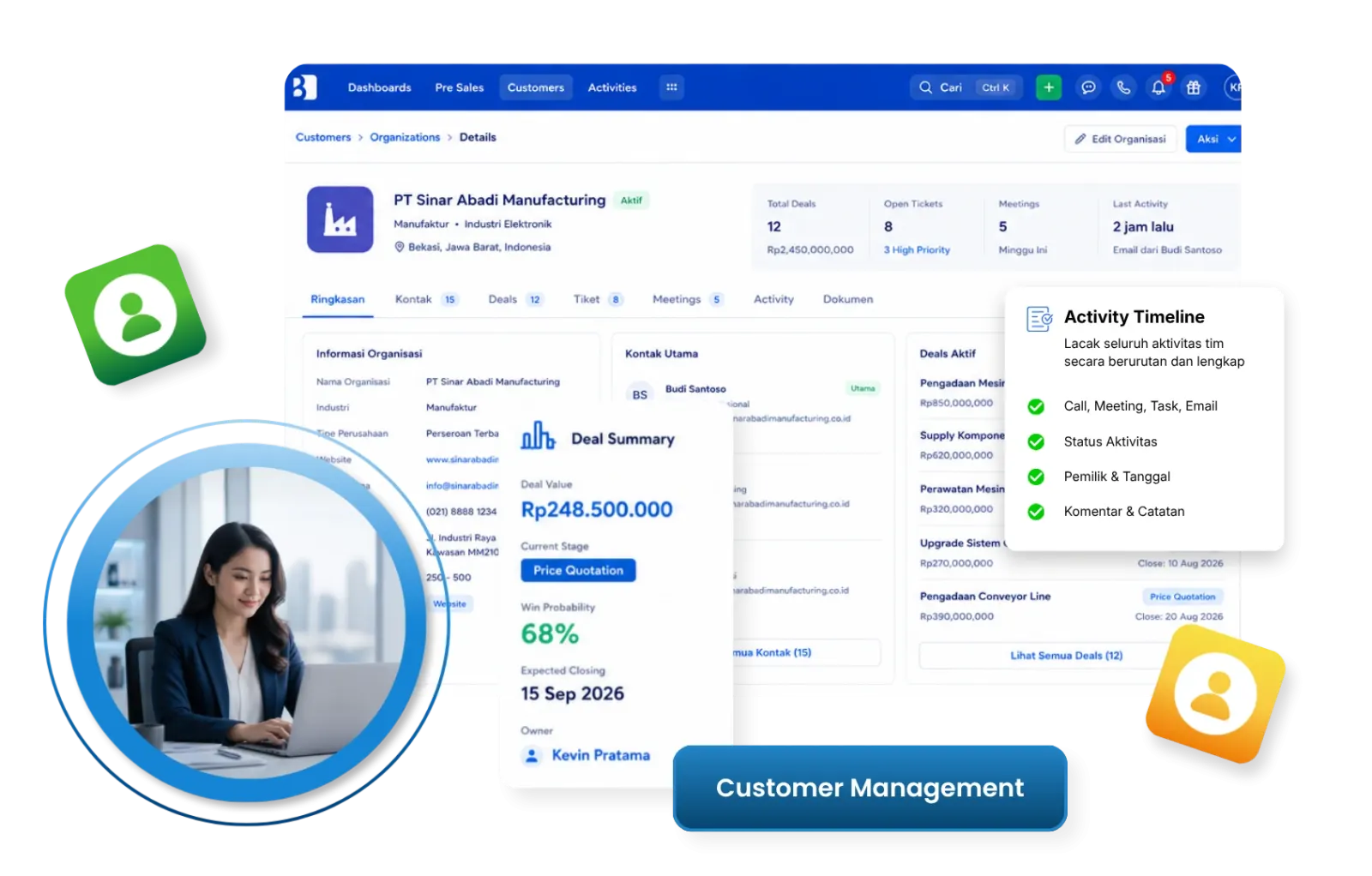 Barantum customer management software dashboard with a 360° customer view