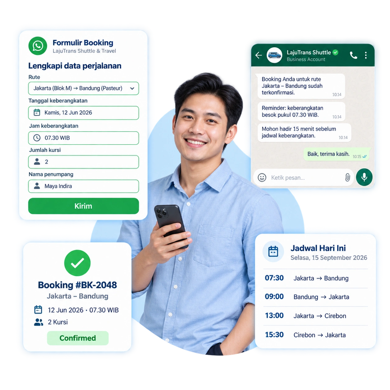 WhatsApp booking automation Barantum dengan form booking dan pilihan slot jadwal