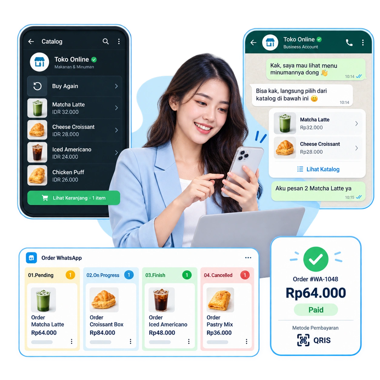 Otomatisasi pesanan WhatsApp Barantum dengan form order dan status pesanan terpantau