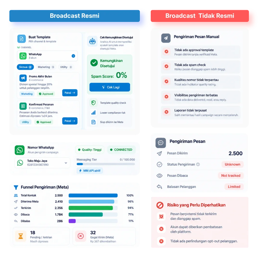 Perbandingan broadcast WhatsApp resmi dan tidak resmi untuk bisnis