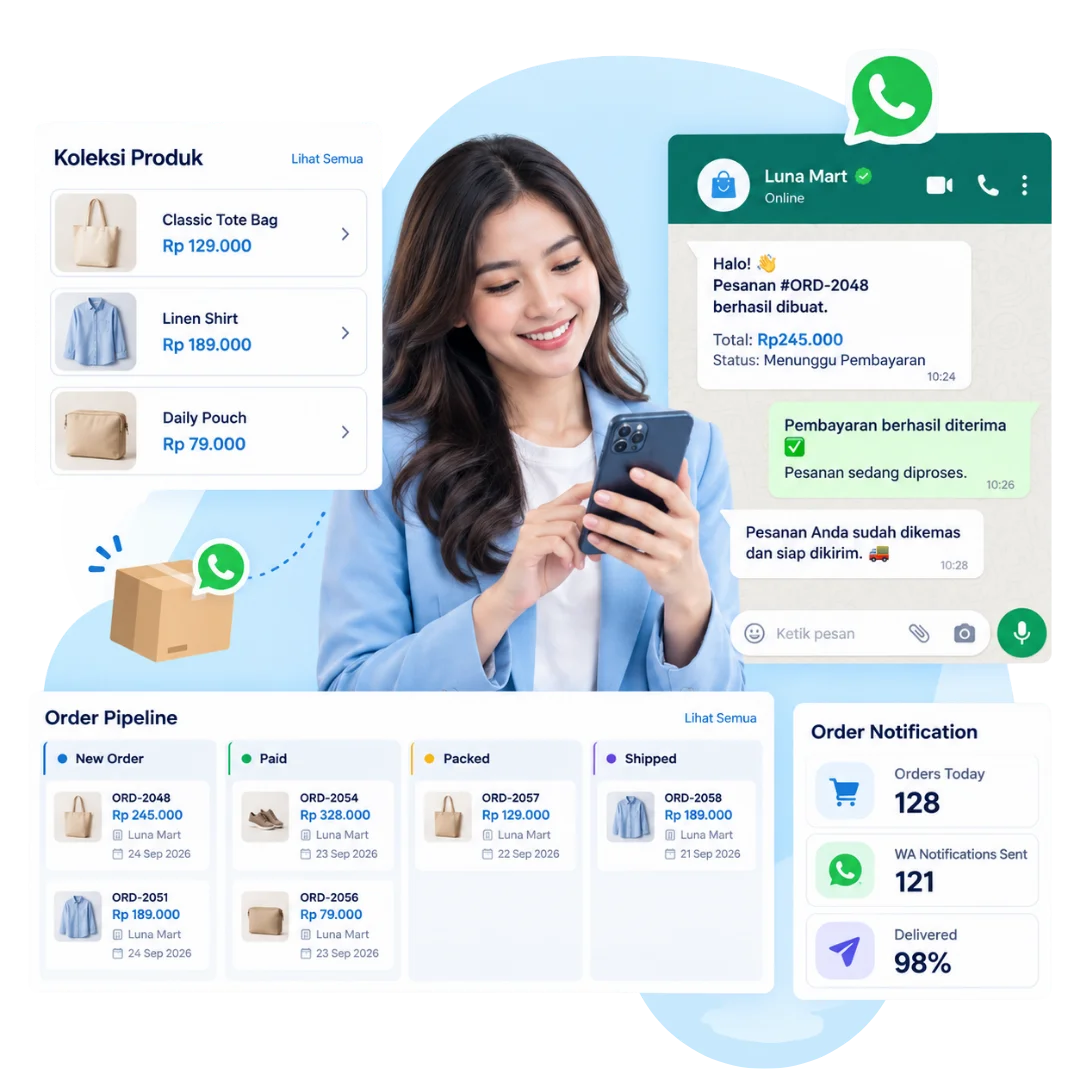 Notifikasi order WhatsApp Barantum mengabari pelanggan otomatis di tiap perubahan status