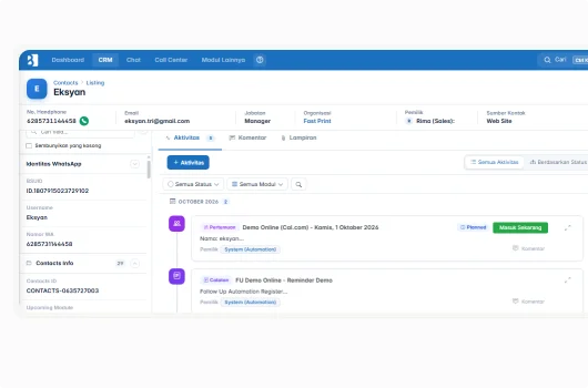 Riwayat notifikasi order tersimpan pada kontak pelanggan di CRM Barantum