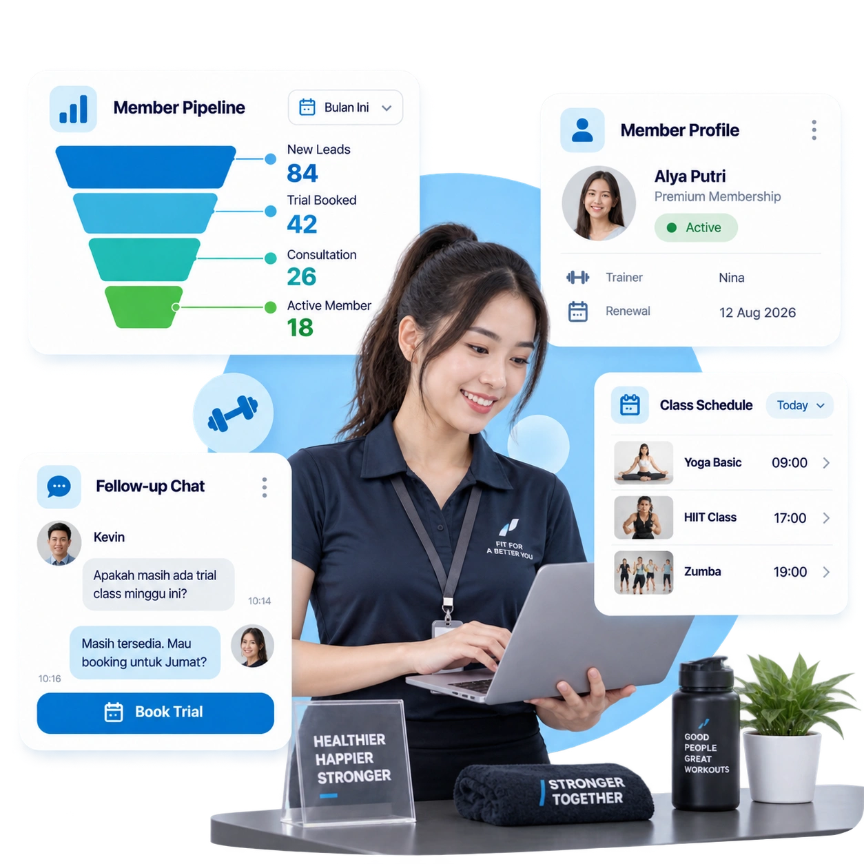 Dashboard CRM Barantum untuk gym dan pusat kebugaran — kelola member, booking kelas, dan renewal