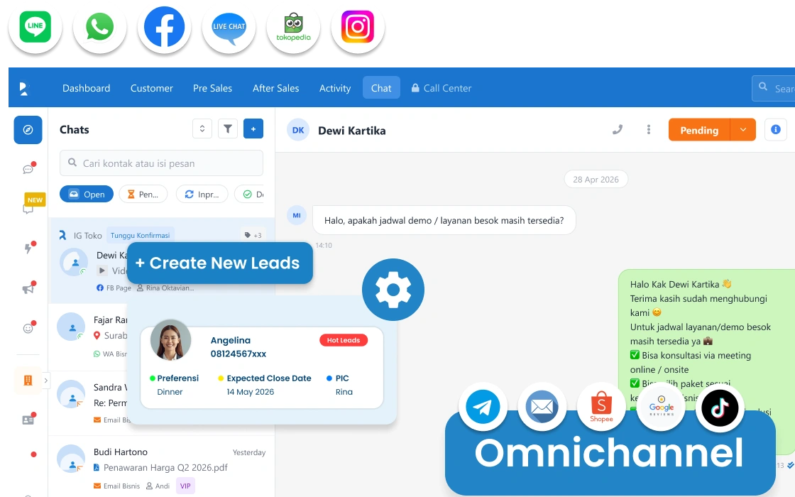 Inbox omnichannel terpusat Barantum untuk digital agency — semua leads dari WhatsApp, Instagram, Facebook dalam satu dashboard