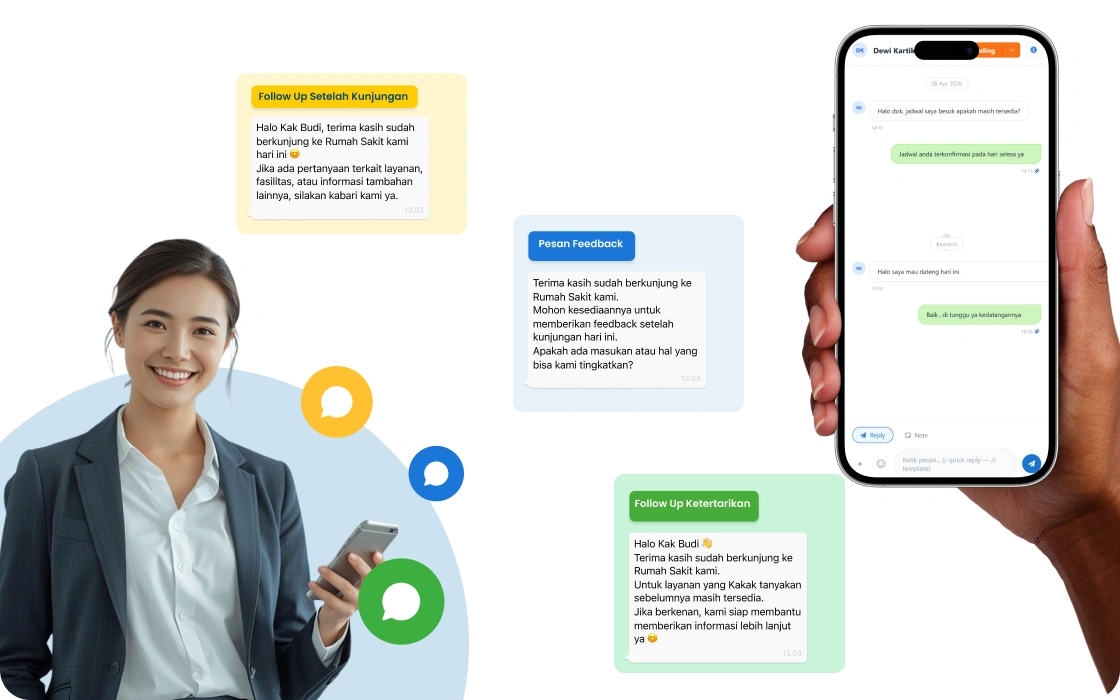 Reminder otomatis WhatsApp untuk jadwal kontrol, follow-up pasien, dan pengingat minum obat di fasilitas kesehatan