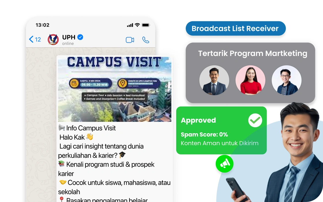 Broadcast pesan WhatsApp massal ke ribuan calon mahasiswa — info pendaftaran, beasiswa, dan agenda penerimaan kampus