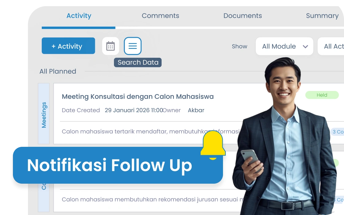 Pipeline CRM pendaftaran mahasiswa baru di Barantum — track setiap leads dari event dan iklan kampus