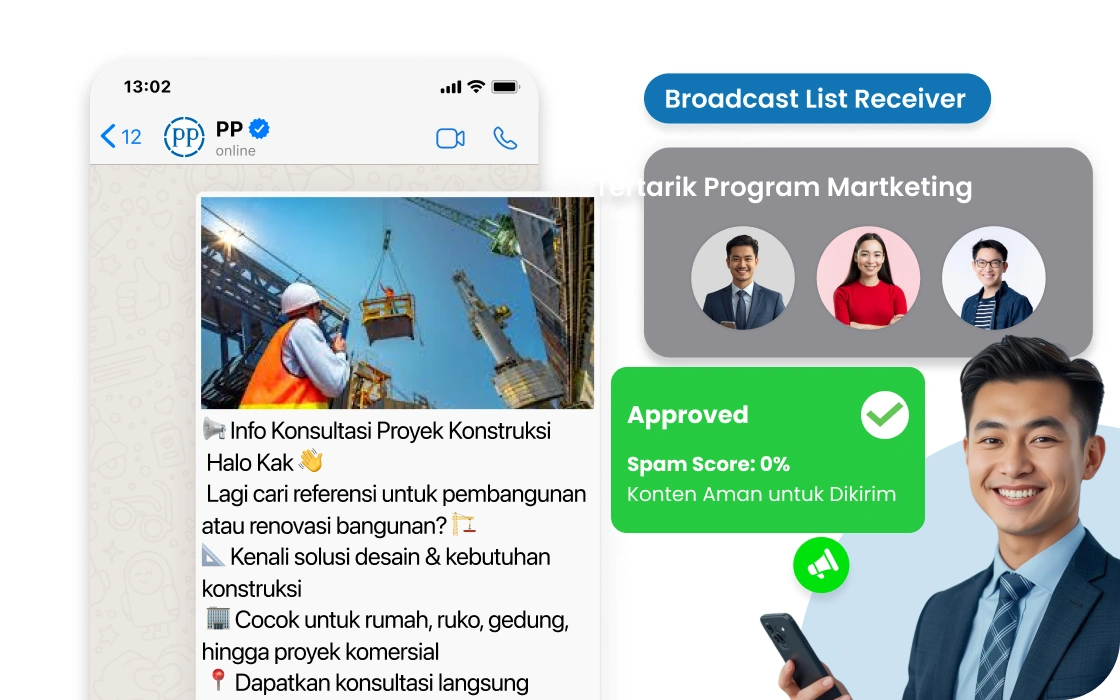 Broadcast pesan WhatsApp massal ke ratusan prospek dan klien kontraktor sekaligus dengan satu klik