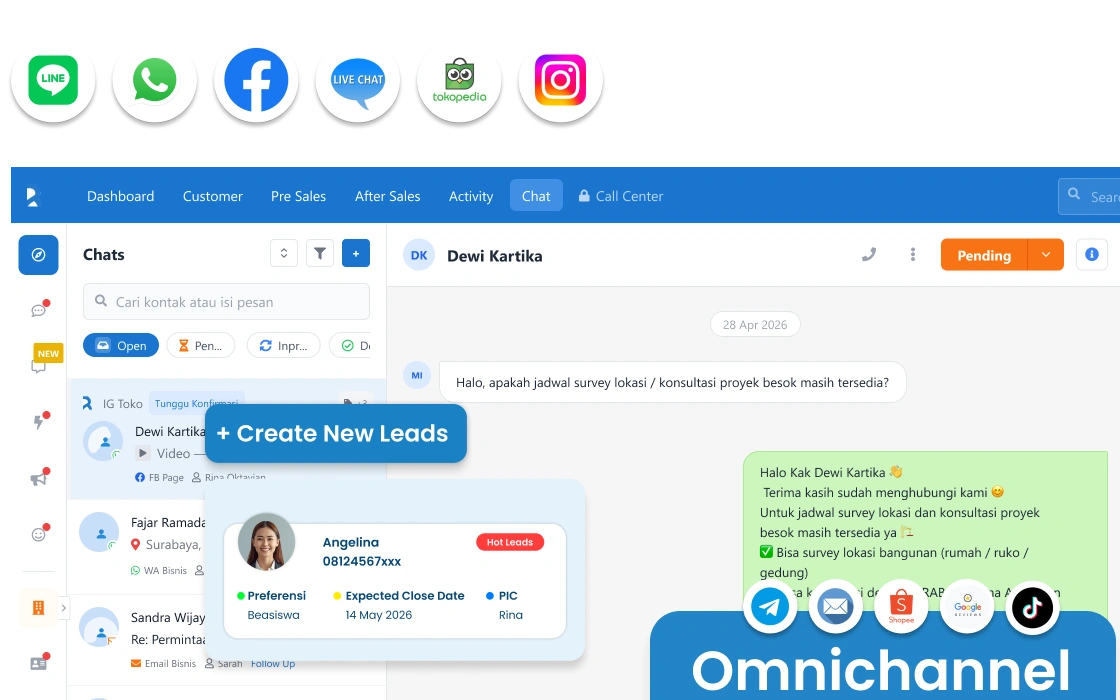 Satu inbox omnichannel untuk semua saluran komunikasi klien kontraktor — WhatsApp, Instagram, Facebook, Email