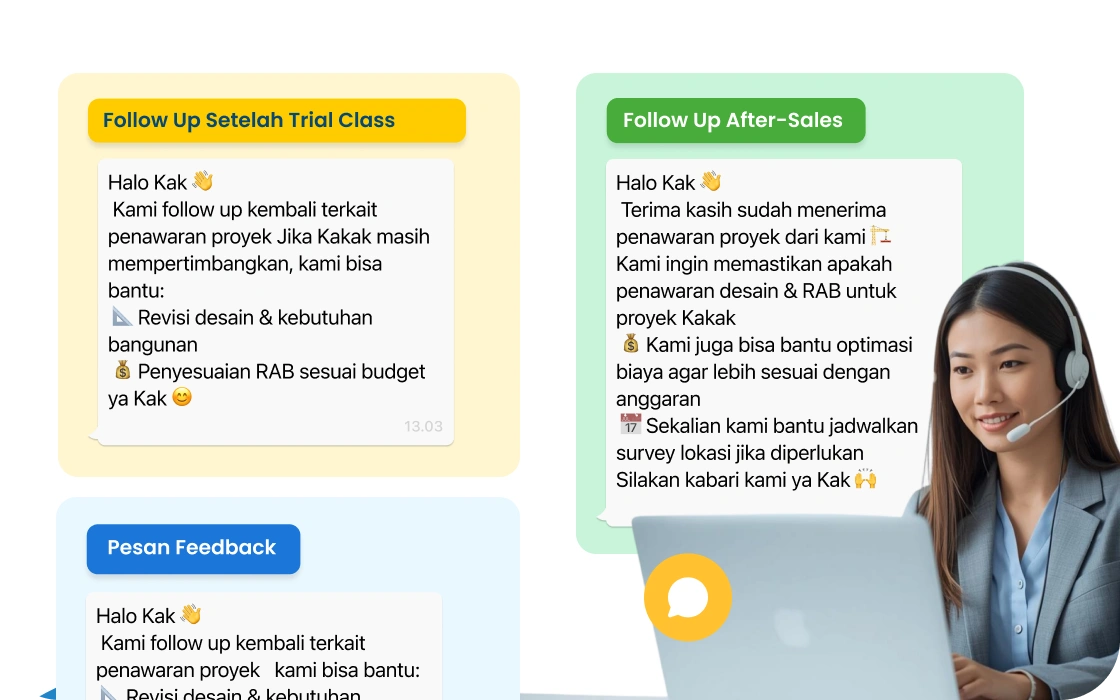 Auto-responder dan notifikasi otomatis untuk pengingat follow-up, milestone proyek, dan jadwal survei bisnis kontraktor