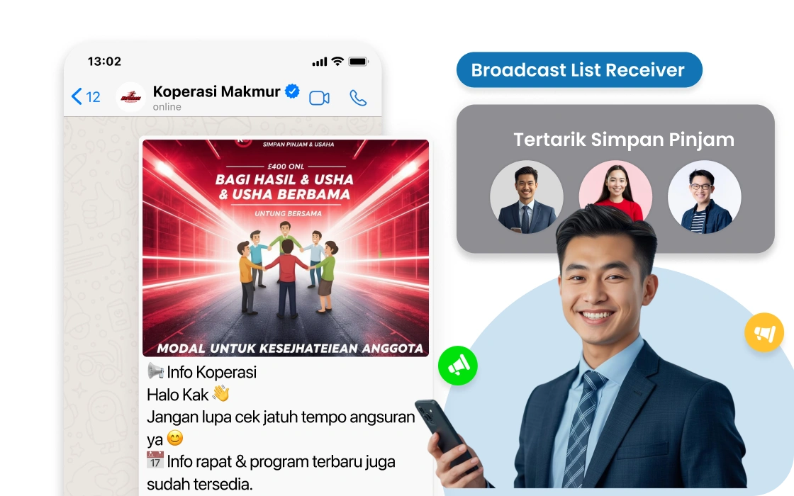 Broadcast info angsuran dan pengumuman koperasi via WhatsApp Barantum