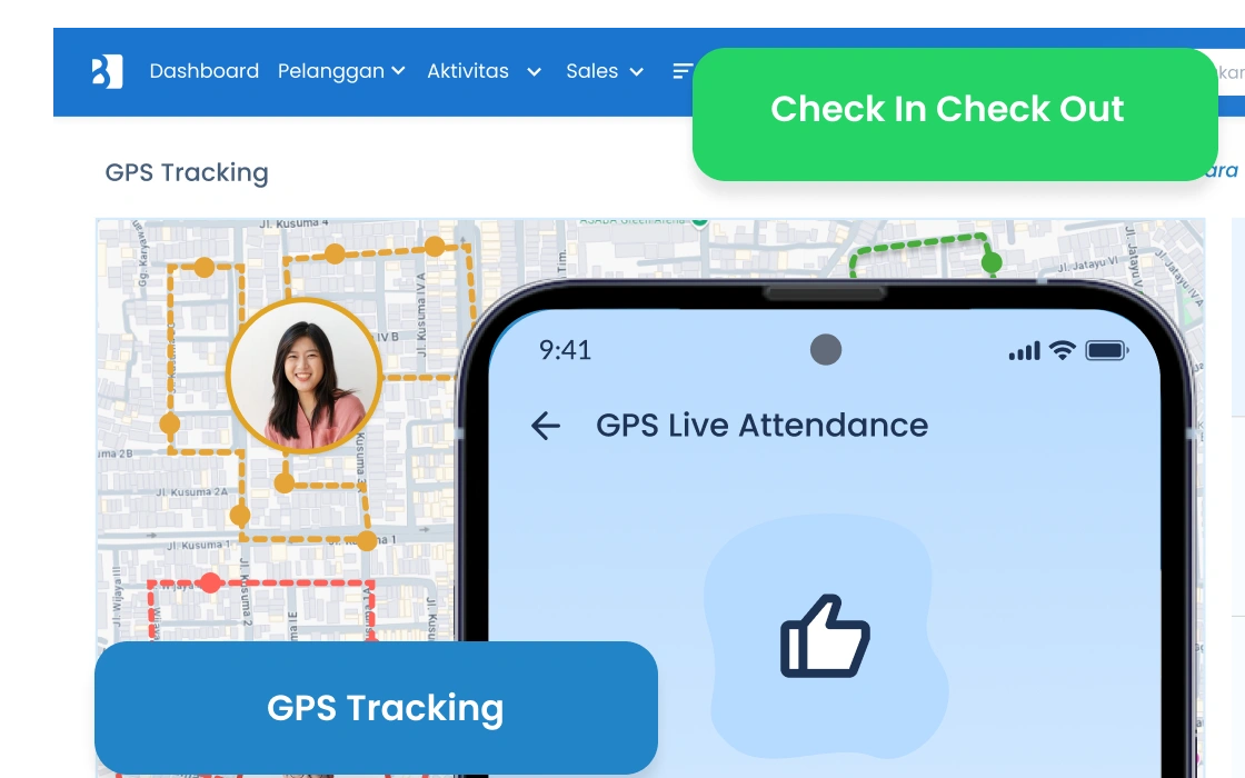 GPS tracking real-time tim sales lapangan manufaktur di aplikasi mobile Barantum — kunjungan distributor termonitor