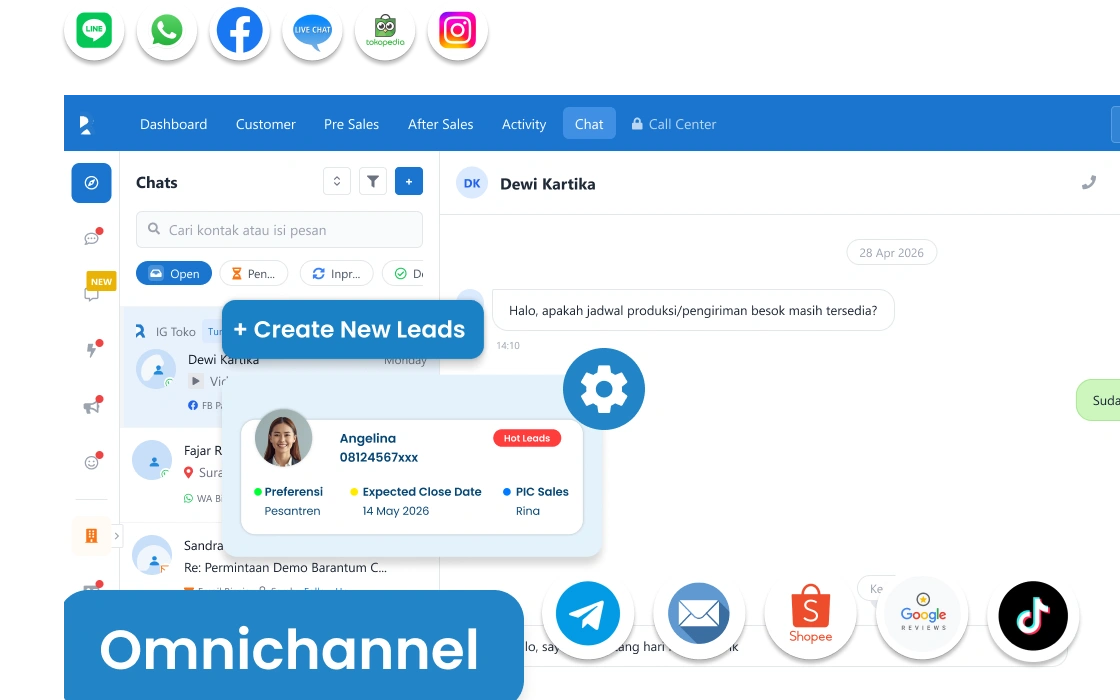 Inbox omnichannel terpadu Barantum untuk bisnis manufaktur — WhatsApp, email, live chat dalam satu dashboard