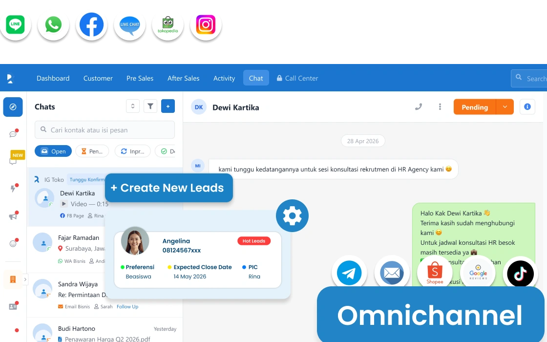 Satu inbox omnichannel untuk semua saluran komunikasi klien professional service — WhatsApp, Instagram, Facebook, Email