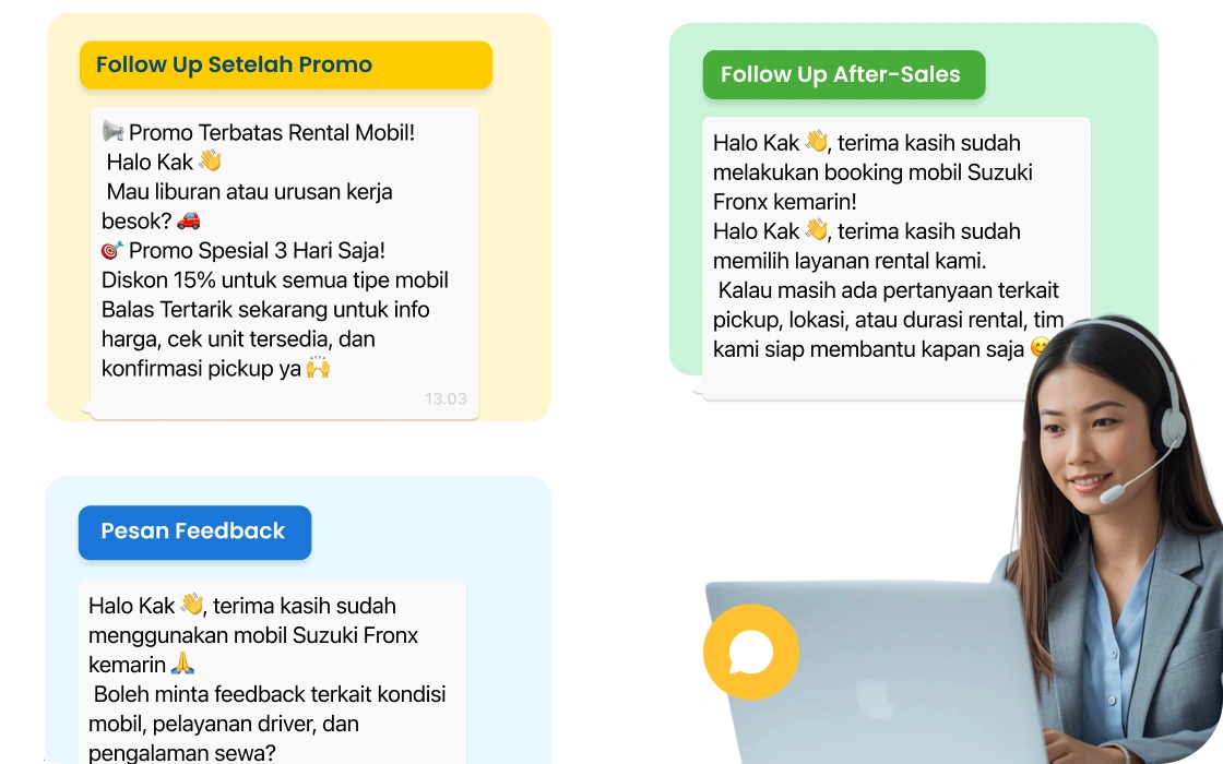Notifikasi WhatsApp otomatis pengingat booking, konfirmasi, dan jatuh tempo untuk pelanggan rental mobil