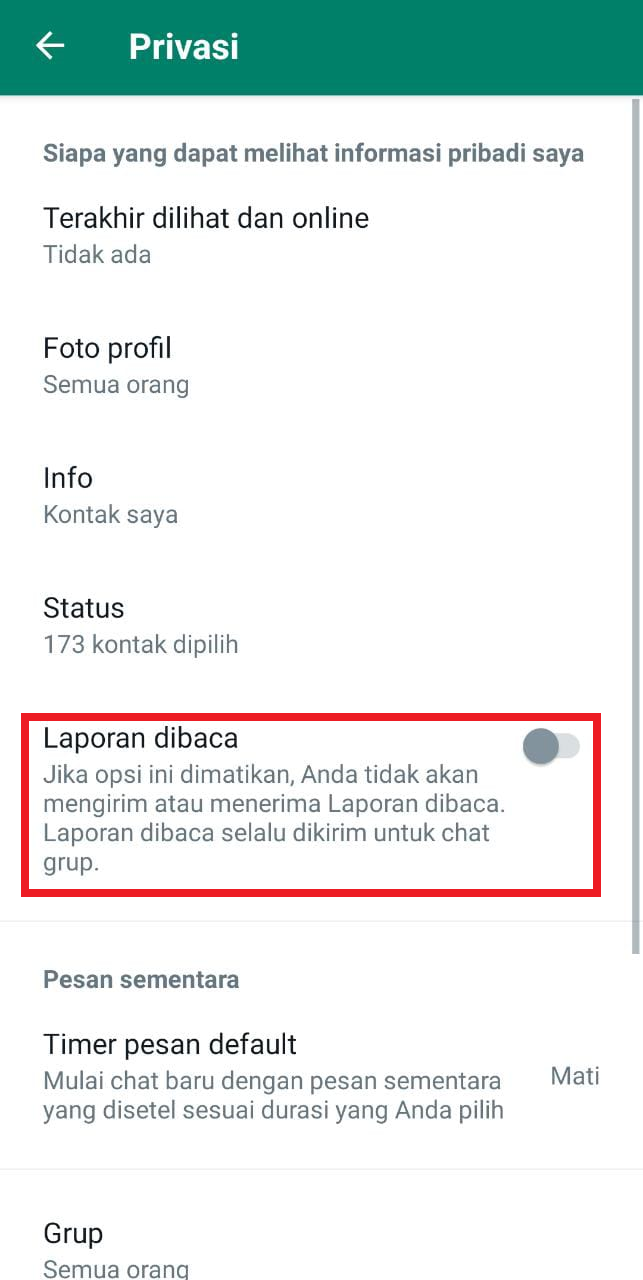 nonaktifkan laporan dibaca