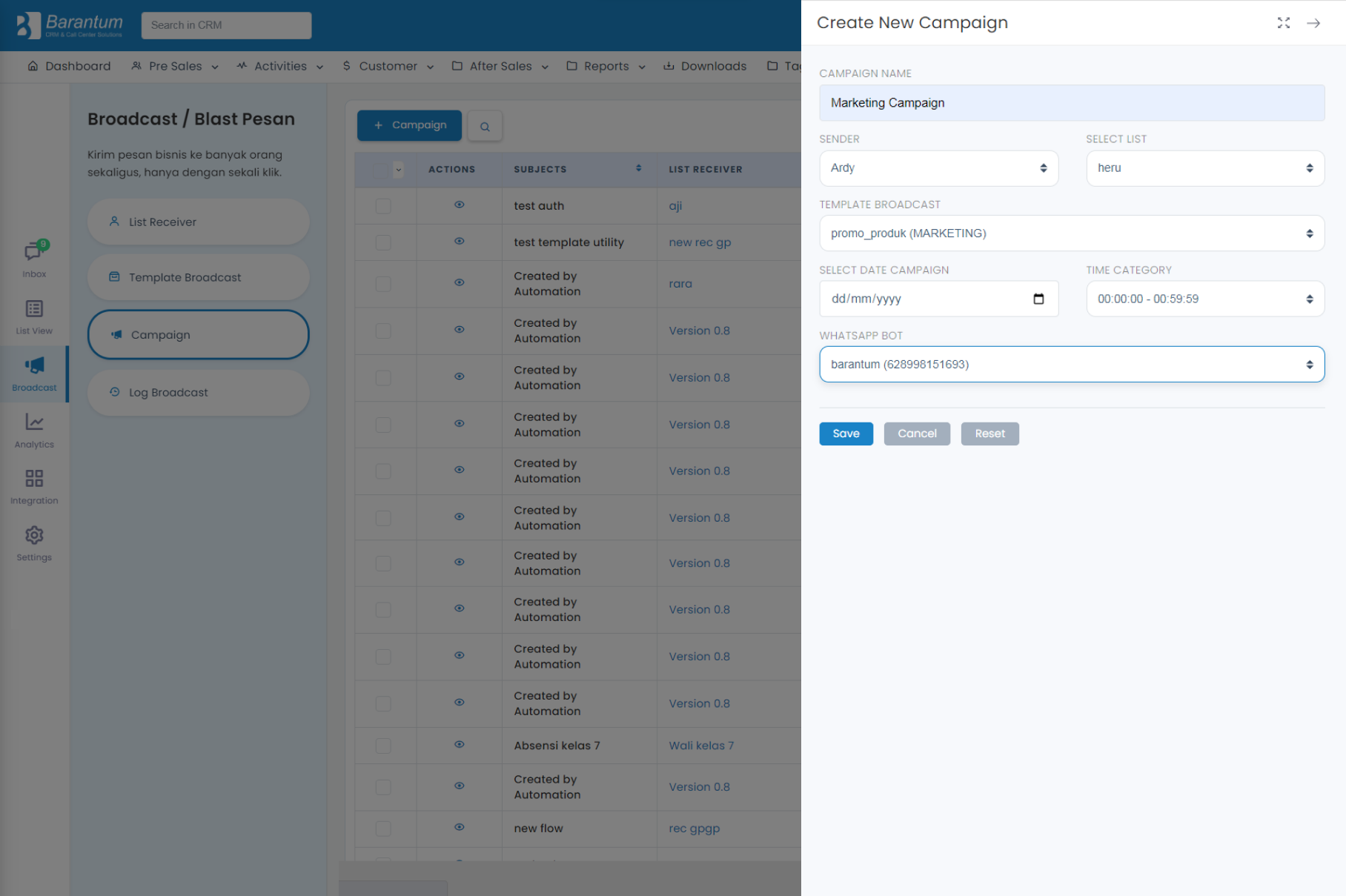 schedulled broadcast Barantum CRM