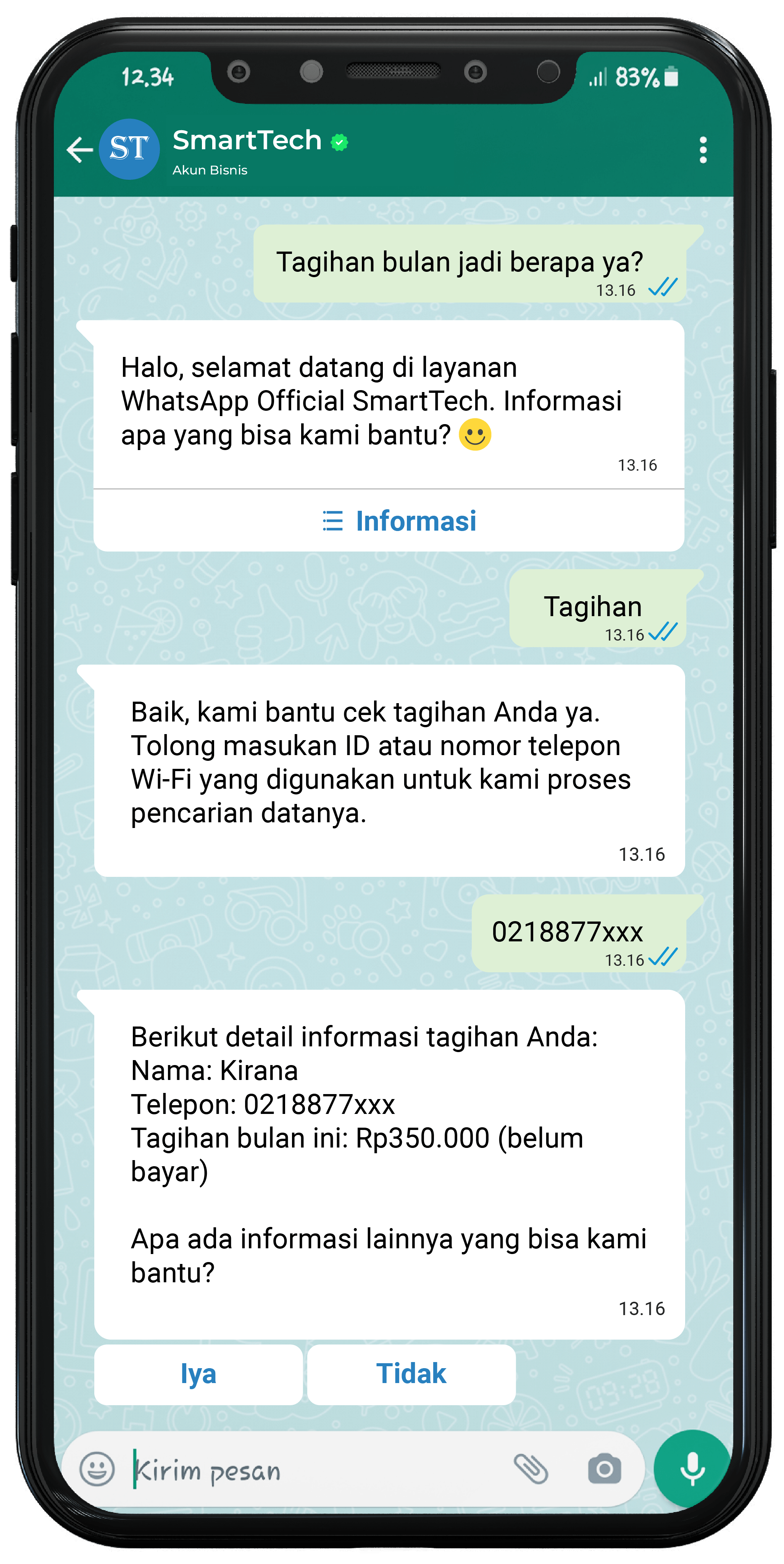 chatbot tagihan pelanggan