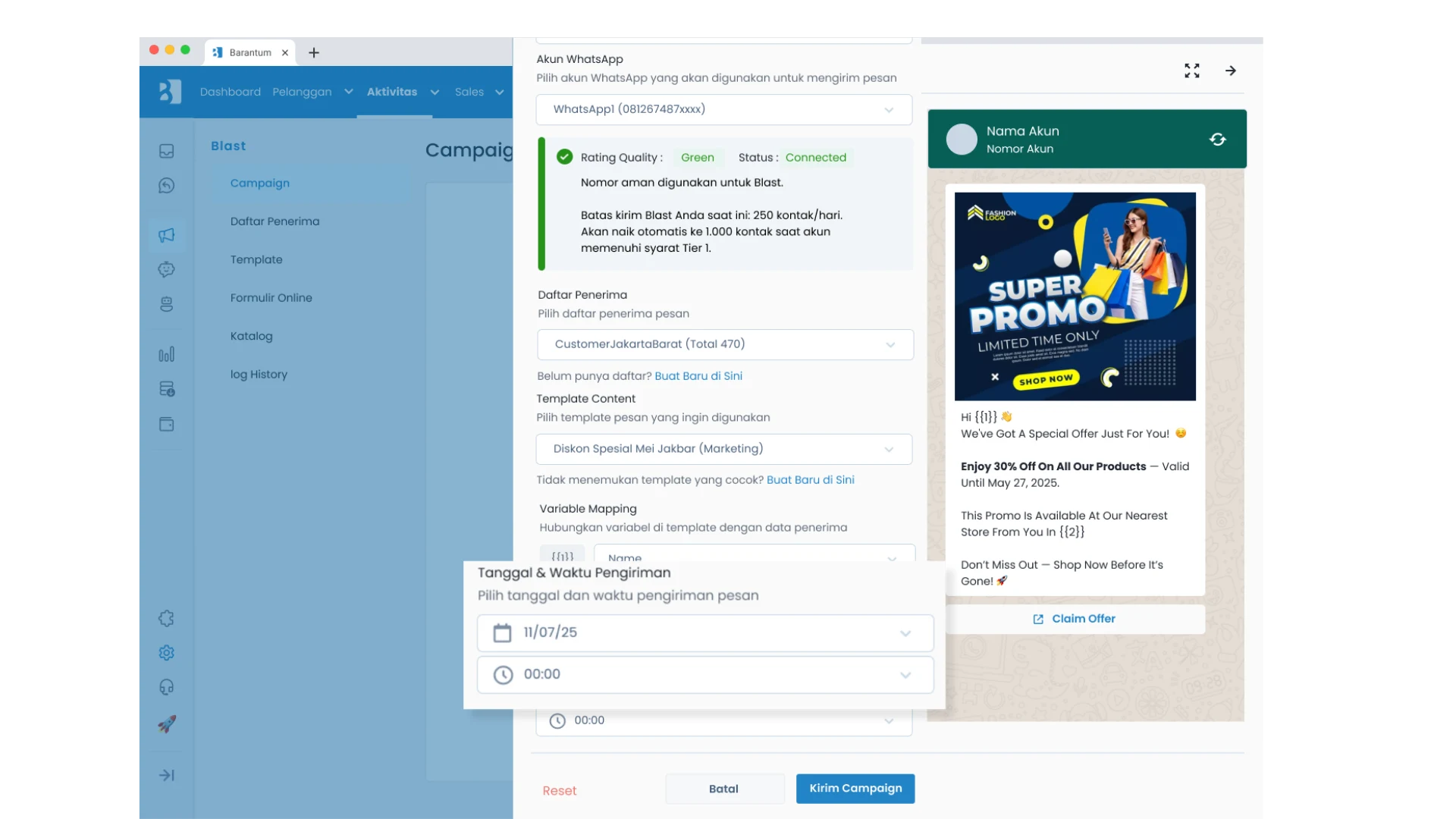 Penjadwalan Campaign Broadcast WhatsApp Barantum CRM