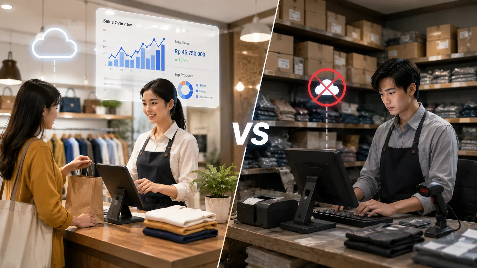 ilustrasi aplikasi kasir online vs offline