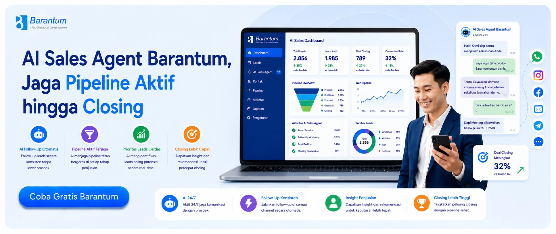AI Sales Agent Barantum, Jaga Pipeline Aktif hingga Closing AI Sales Agent Barantum, Jaga Pipeline Aktif hingga Closing