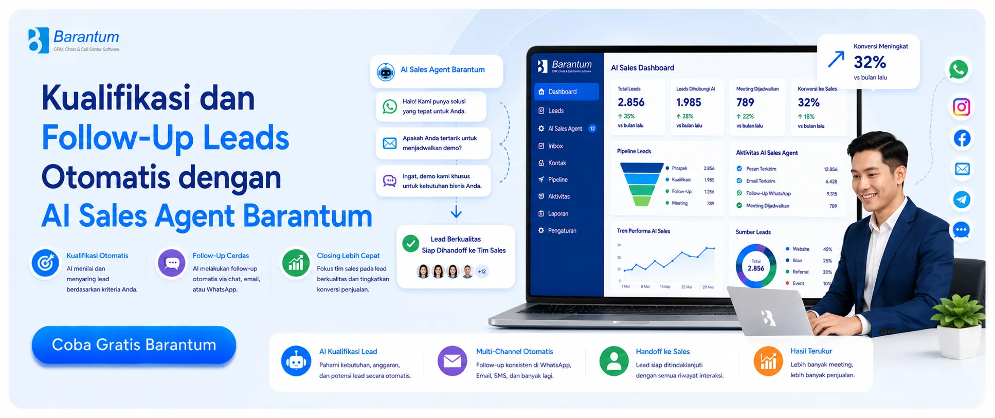 Kualifikasi dan Follow-Up Leads Otomatis dengan AI Sales Agent Barantum Kualifikasi dan Follow-Up Leads Otomatis dengan AI Sales Agent Barantum