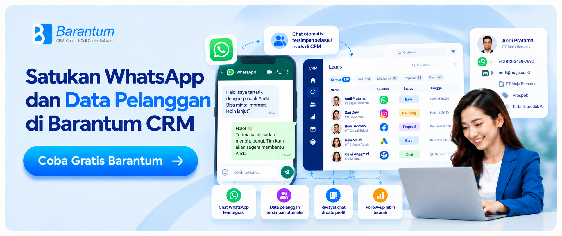 Satukan WhatsApp dan Data Pelanggan di Barantum CRM Satukan WhatsApp dan Data Pelanggan di Barantum CRM